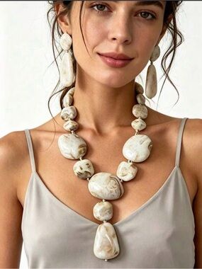 Cream Marble Statement Drop Earrings